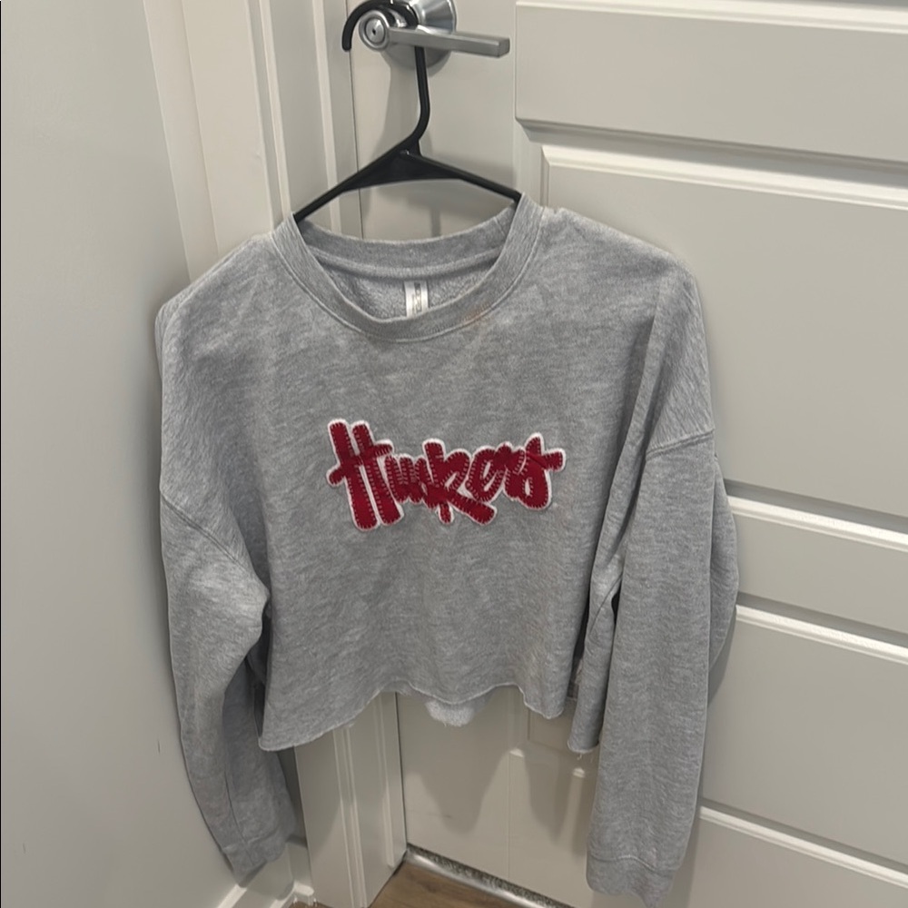 Gray Cropped Sweatshirt with Red Embroidery